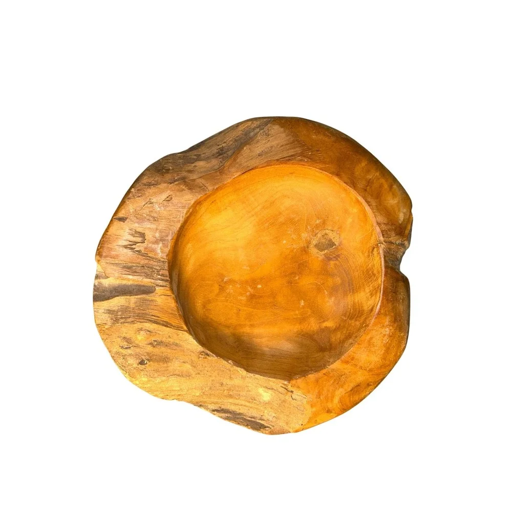 Rustic Teak Wooden‎ Bowl Live Edge Hand Carved Natural Wood Decorative Accent